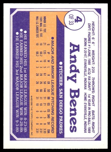 1990 Topps Toys'R'Us Rookies Andy Benes San Diego Padres #4 - Picture 2 of 2