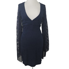 Unbranded Navy Blue Crinkle Stretch Lace Fringe Sleeve  Mini Dress XS (Read)
