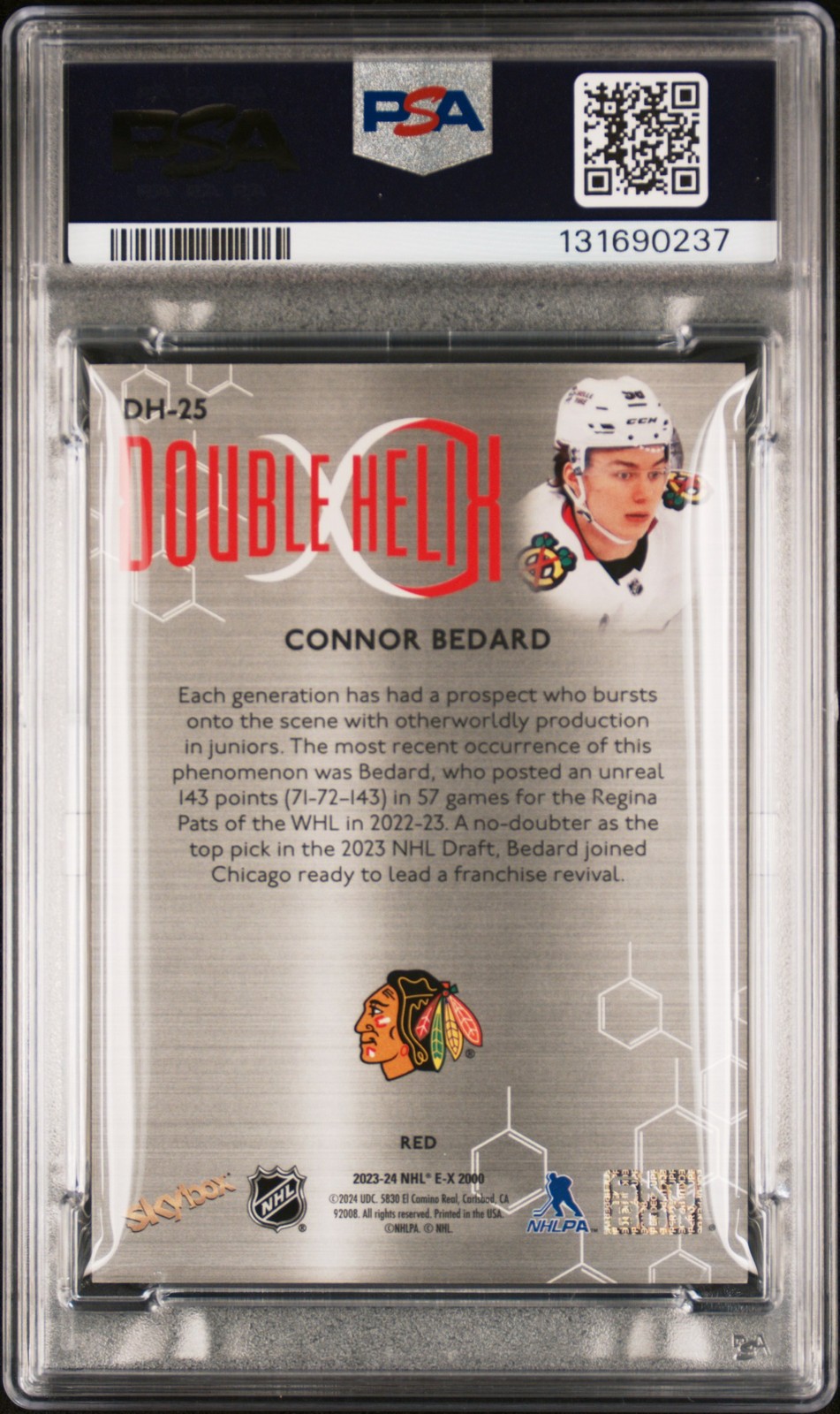 2023 SKYBOX E-X 2000 DOUBLE HELIX RED #DH25 CONNOR BEDARD 28/50 PSA 10 view 2