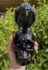 Black Obsidian Raven Skull- Realistic Crystal Carving
