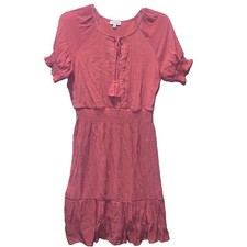 Luxology Gauzy Dress Womens M Coral Smocked Waist Ruffled Skirt V Neck Romantic