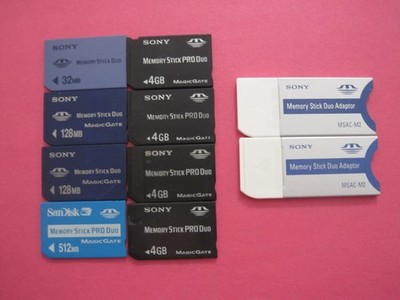 Lot of 8 Sony Memory Stick Pro Duo & 2 Adaptors - See pictures and Description