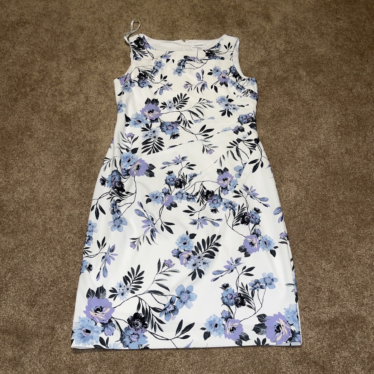calvin klein blue and white dress 12 floral Sleeveless Sheath Lined Size:Size US XS Monse Asymmetrical Floral Slit product_family:704945 Cotton dress neckline and pull