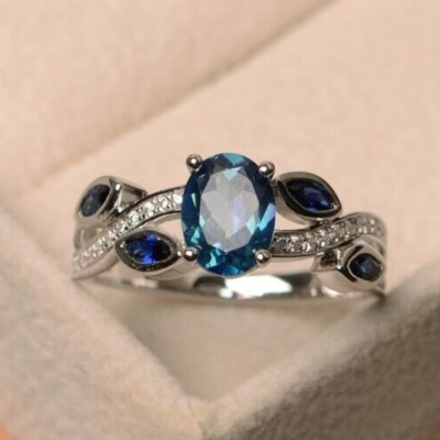 Leaflet Ring For Gift to her 925 Silver Plated 2.15 Ct Simulated Aquamarine