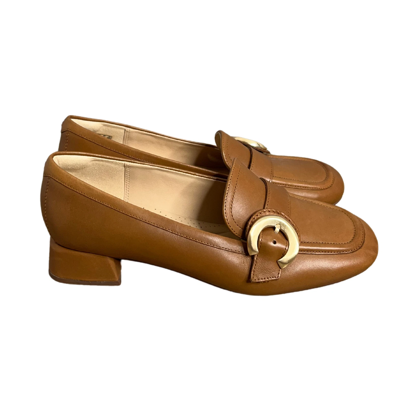 Mocassini Clarks Daiss 30 slip on tacco a blocco UK7 scarpe con fibbia in pelle marrone chiaro