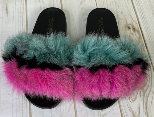 New Fashion Nova Women's Casino Rainbow Baby Slides Size 8 Faux Fur NWB - Picture 2 of 10