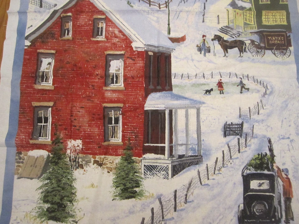Vintage Fabric panel Winter Town Scene Blue border Snow 42 x 23 - Image 4 of 4