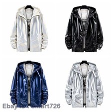 Unisex Iridescent Shiny Jacket Hooded Coat Holographic Harajuku Fashion Top Blue