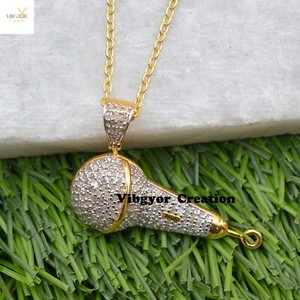 Authentic Sale! Pave Diamond Mic Pendant Gold Plated 925 Solid Silver For Music Lover