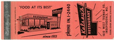 Kelsey's Restaurant, Food At Its Best Since 1933 In MO Vintage Matchbook Cover