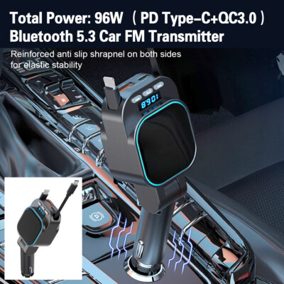Bluetooth 5.3 Car FM Transmitter MP3 Player 96W Type-C PD+QC3.0 Fast Car Charger