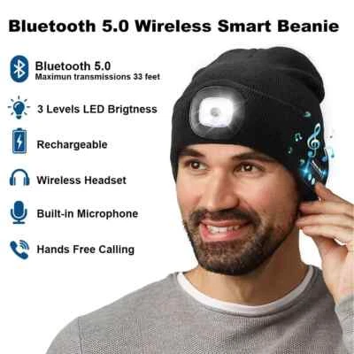 Bluetooth LED Beanie Hat with Music Speakers Mic Rechargeable Cap Head Lamp Gift