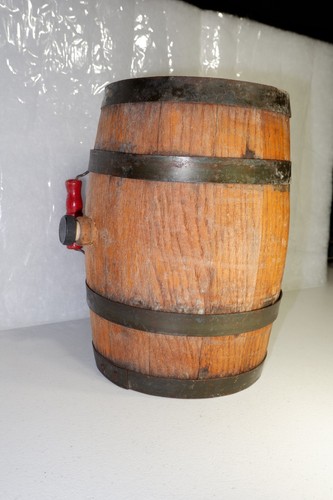 Antique Oak Wood Whiskey Barrel Keg - Powder Cask Banded w/Red Bail Handle 12" - Picture 5 of 8