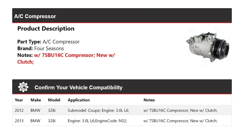 Compresor de aire acondicionado para BMW 328i 2012-2013 3,0 L L6 4 estaciones Foto 2 de 4