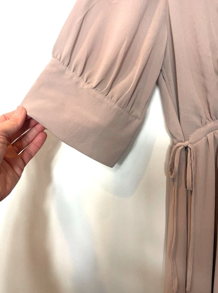 H&M Chiffon Drawstring Waist Dress Powder Beige M Knee-Length Short Wide Sleeves - Image 4 of 4