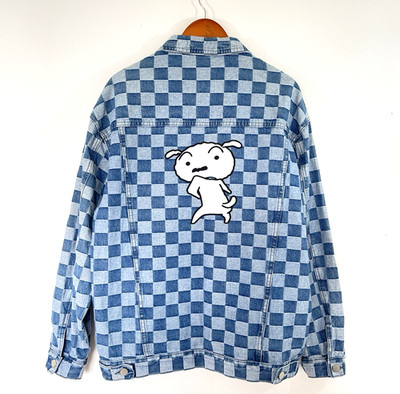 Crayon Shin-Chan Original Checkered Denim Jacket Size M Unisex Embroidery NWT