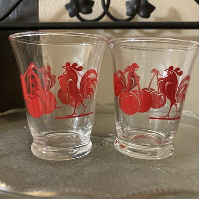 Vintage Red Rooster Double Shot Or Juice Glasses, Set Of Two