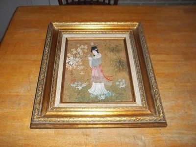 vtg. art painting ''ORIENTAL PRINCESS '' Oil on Cork or Nice Gold on Wood Frame