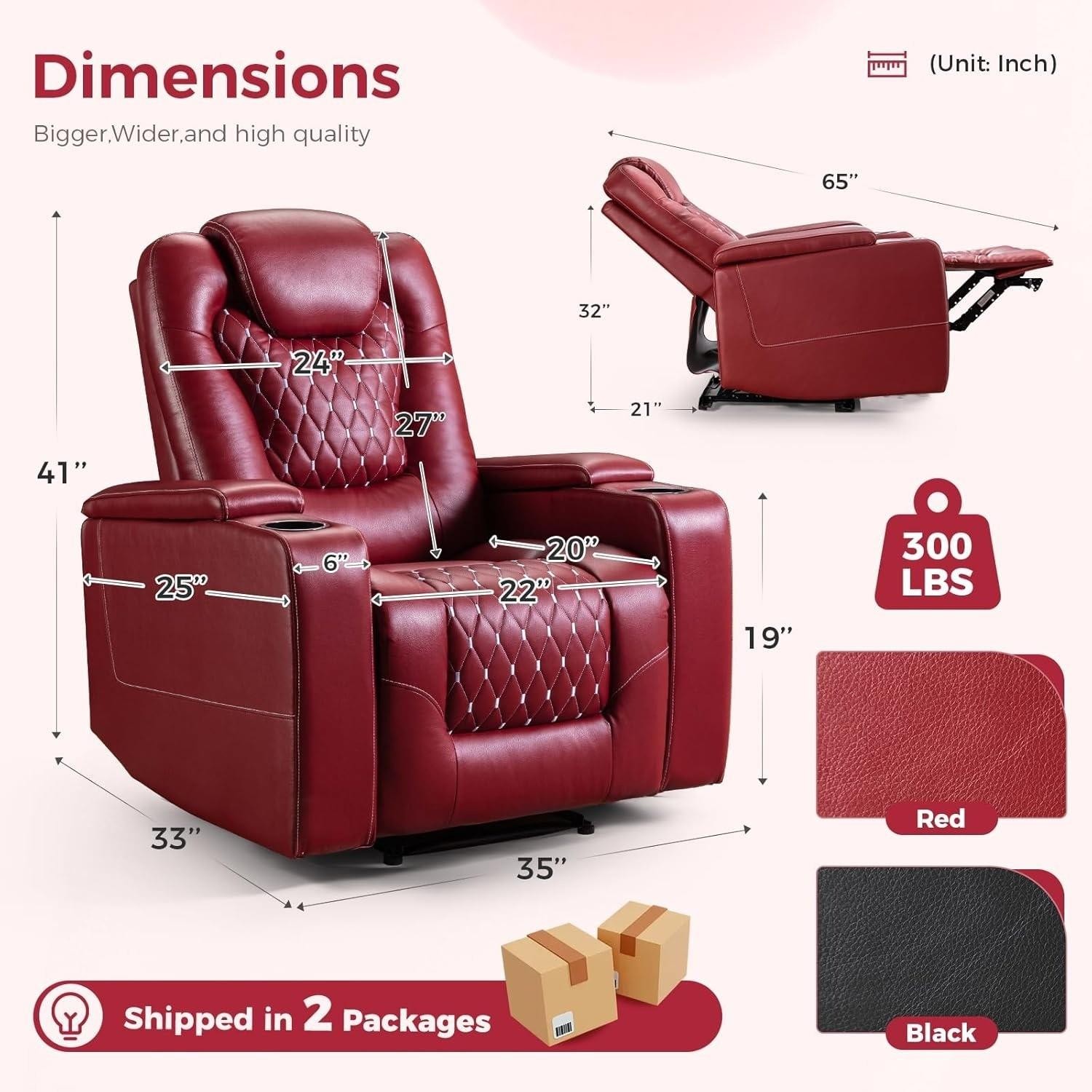 Canmov Power Recliner Chair - PU Leather Chair Home Theater Seating Red