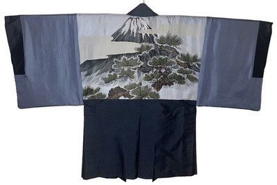 Herren Premium Seide Haori, Navy Mt Fuji & Pine Tree Futter, Vintage Japanisch