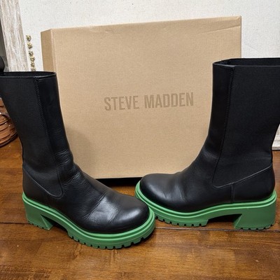 Steve Madden Womens 8 Hesitant PullOn Mid Calf Moto Boot BlackLeather/Green-sole