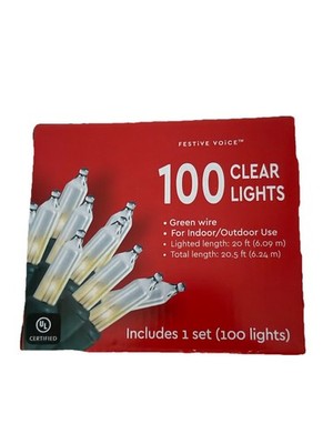 Festive Voice Clear Mini Lights 100 Ct Green Wire, Indoor/Outdoor 20 Ft