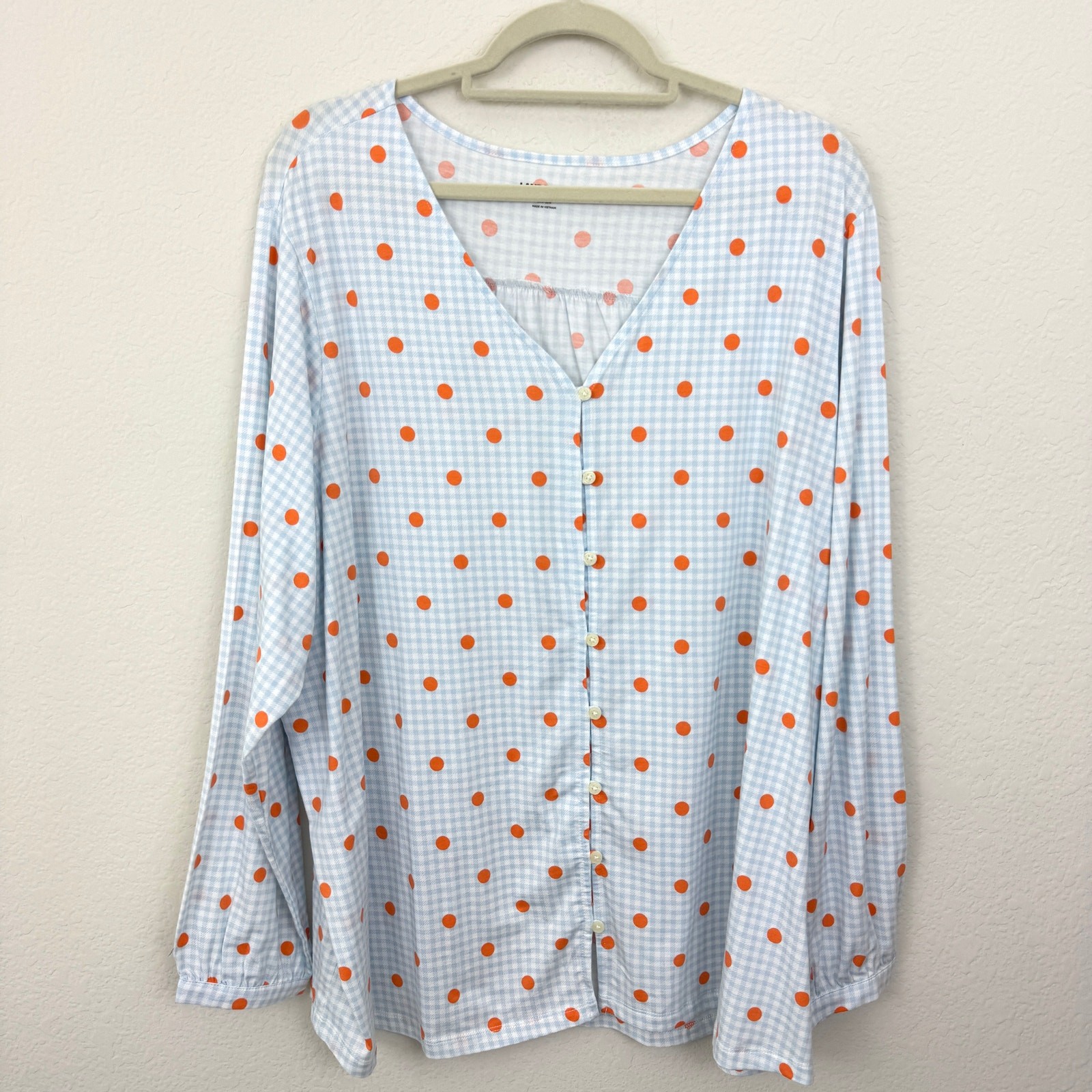 Lands' End Womens Pullover Top T Shirt Size 3X Stretch Dot Gingham Blue