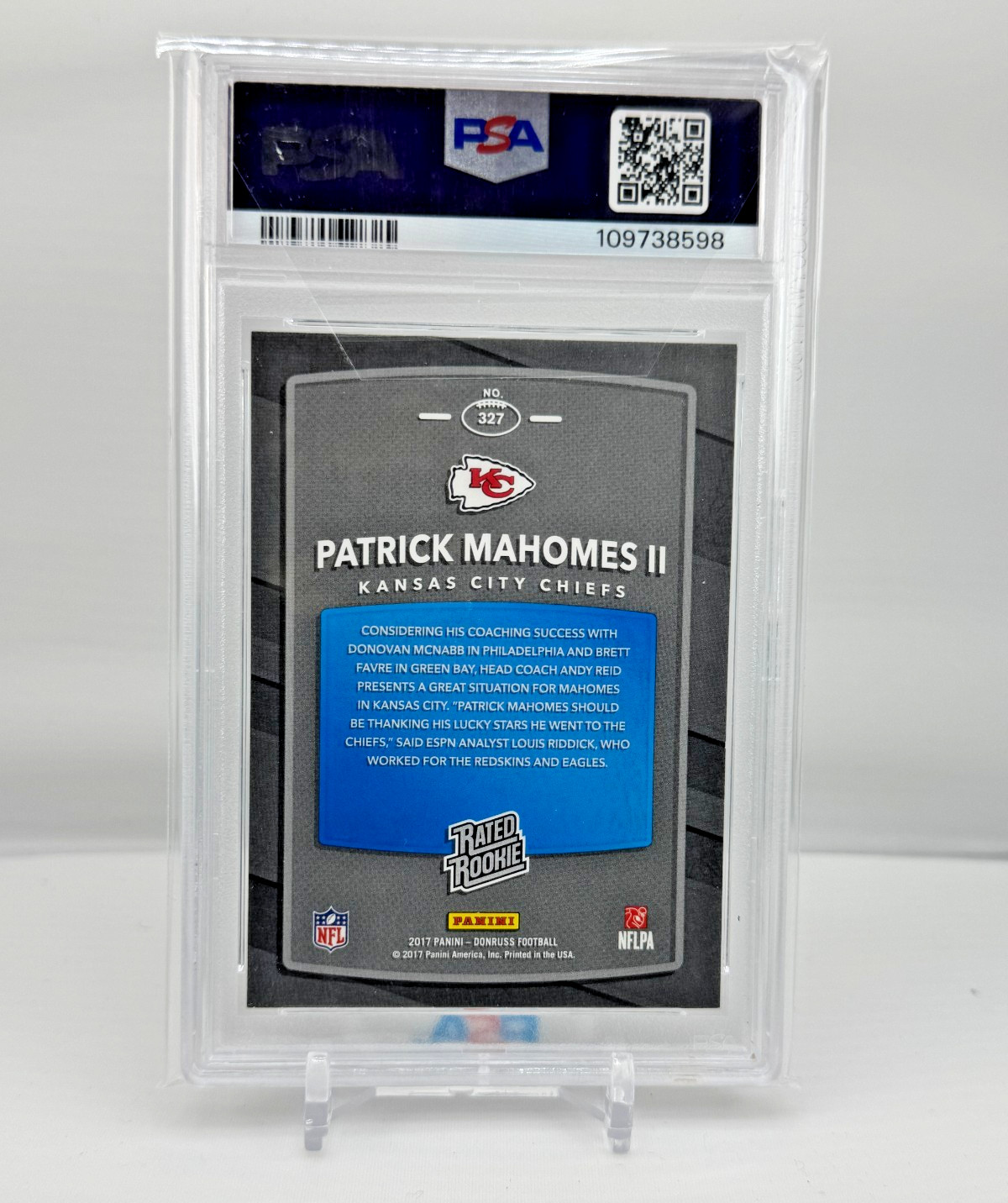 Patrick Mahomes 2017 Donruss Blue Press Proof Rookie #327 PSA 9 MINT view 2