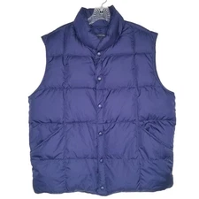 Mens Lands End Goose Down Vest Size Large Puffer Snap Blue Outdoor Hiking