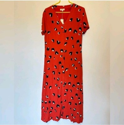 Womens Roolee Red Cheetah Leopard Print  Button Down Maxi Dress Sz L