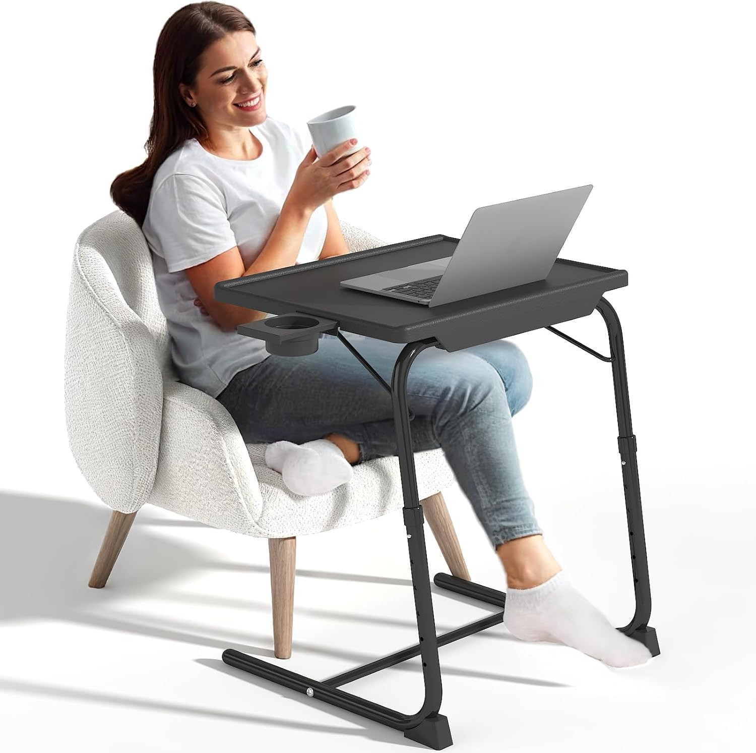 TV Tray Table, Adjustable TV Dinner Table for Eating on Couch with Cup Holder, F