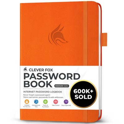 Clever Fox Password Book with alphabetical Medium (5.3 x 7.7 Inch), Orange 