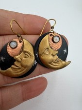 Moon Star Celestial Earrings Mixed Media Handmade Dangle Pierced Dreamy