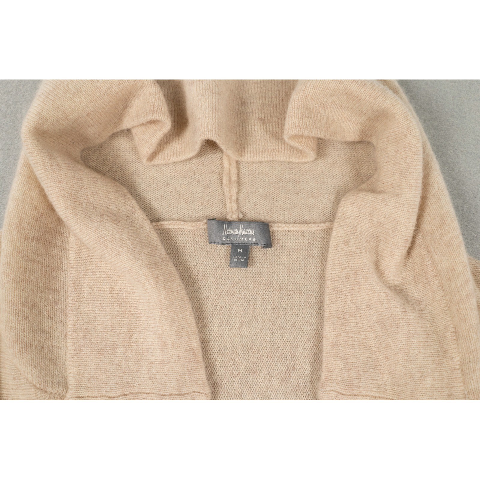 Neiman Marcus 100% Cashmere Hooded Open Front Cardigan Sweater M Beige image 2