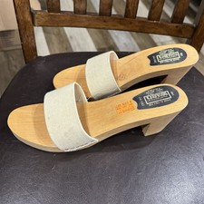 Vtg Montgomery Ward Slide Clogs Shoes Faux Wood Block Beige Leather Sz 8M Italy