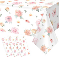 3 Pcs Spring Floral Tablecloth, Pink Wildflower Plastic Disposable Tablecloth Re