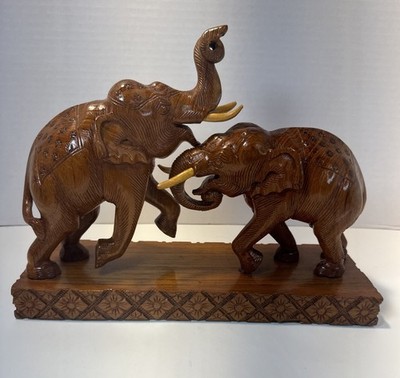 Vintage Asian Wooden Elephants Hand Carved Solid Teak Duo 12 L, 9  High, 4 