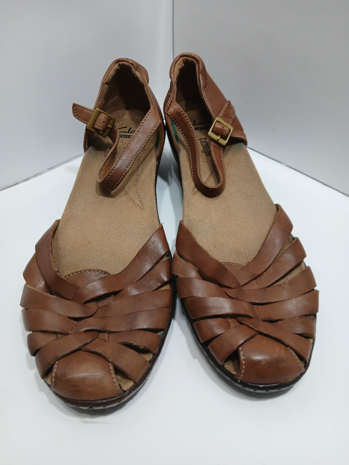 APL CLARKS sandali comodi pelle marrone casual punta aperta zeppa bassa taglia 9 5 US