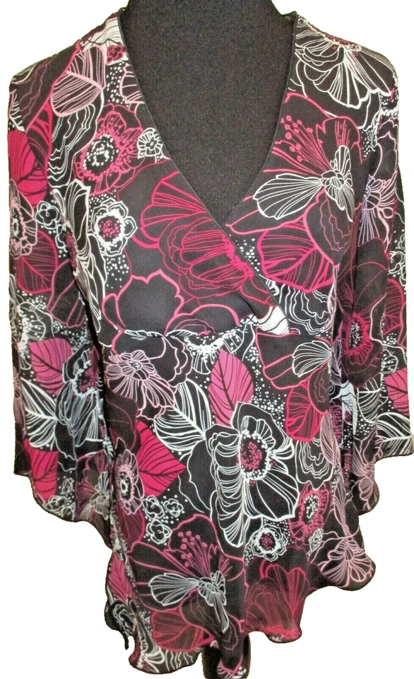 Blusa Tangenis de gasa transparente negra fucsia rosa flor cuello en V talla M para mujer Foto 2 de 4