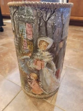 VTG JL CLARK Paper Mache 3D Metal Trash Can Waste Basket W/OriginalBurlap Lining