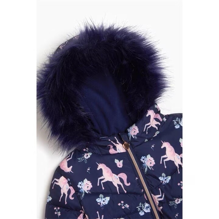 Girls Gorgeous Hooded Unicorn Padded Coat Jacket Faux Fur Navy - Main Image
