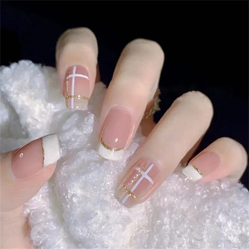 Short Square Press-On Fake Nail Glitter Lines Plaid Minimalist Manicure 24pcs