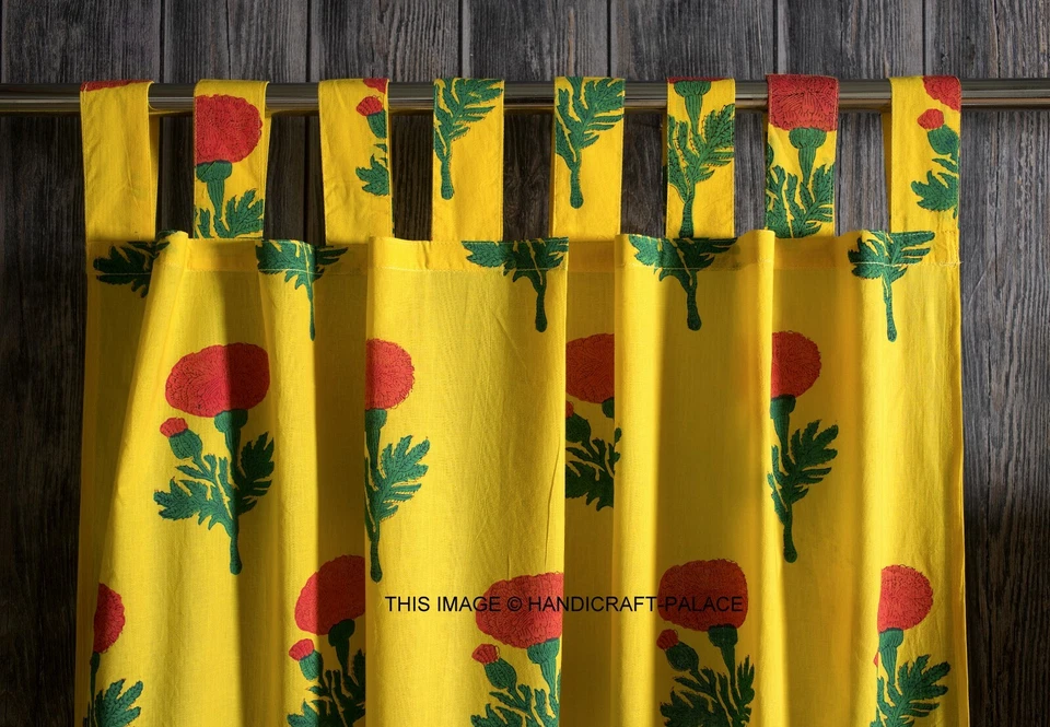 Cortina impresa en bloque a mano panel algodón bucles tinte natural amarillo rosa floral 86" Foto 2 de 3
