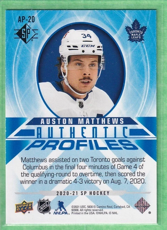 2020-21 SP Retail Blue Authentic Profiles #AP-20 Auston Matthews TOR Maple Leafs - Image 2 of 2