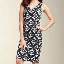 Talbots Stretch Navy Blue and Cream Ikat Sheath Dress Size 8