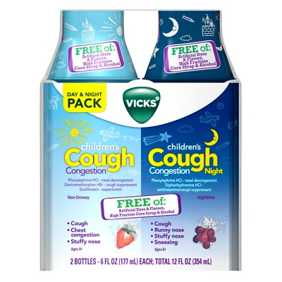 Vicks Childrens Day and Night Cough Relief Medicine Syrup, 6 oz, 2 PACK..+