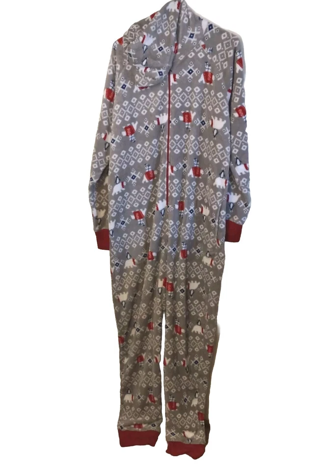 Macy's Gray Hooded One Piece Ful Zip Pajama Winter Polar Bear's Size XXL Unisex - Image 2 of 4