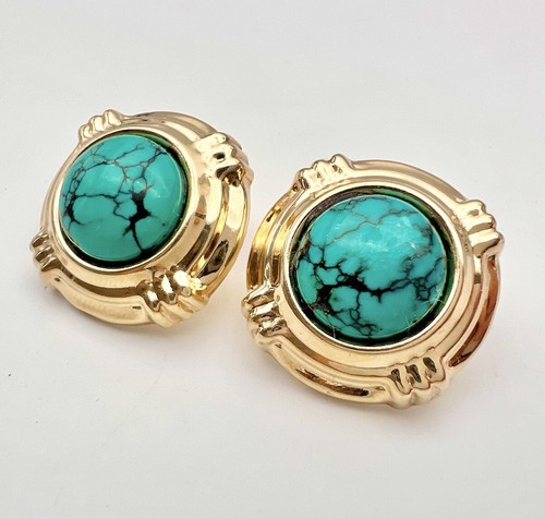Designer 14k Yellow Gold Spiderweb Turquoise Omega Back Post Earrings 13.5g - Picture 3 of 5