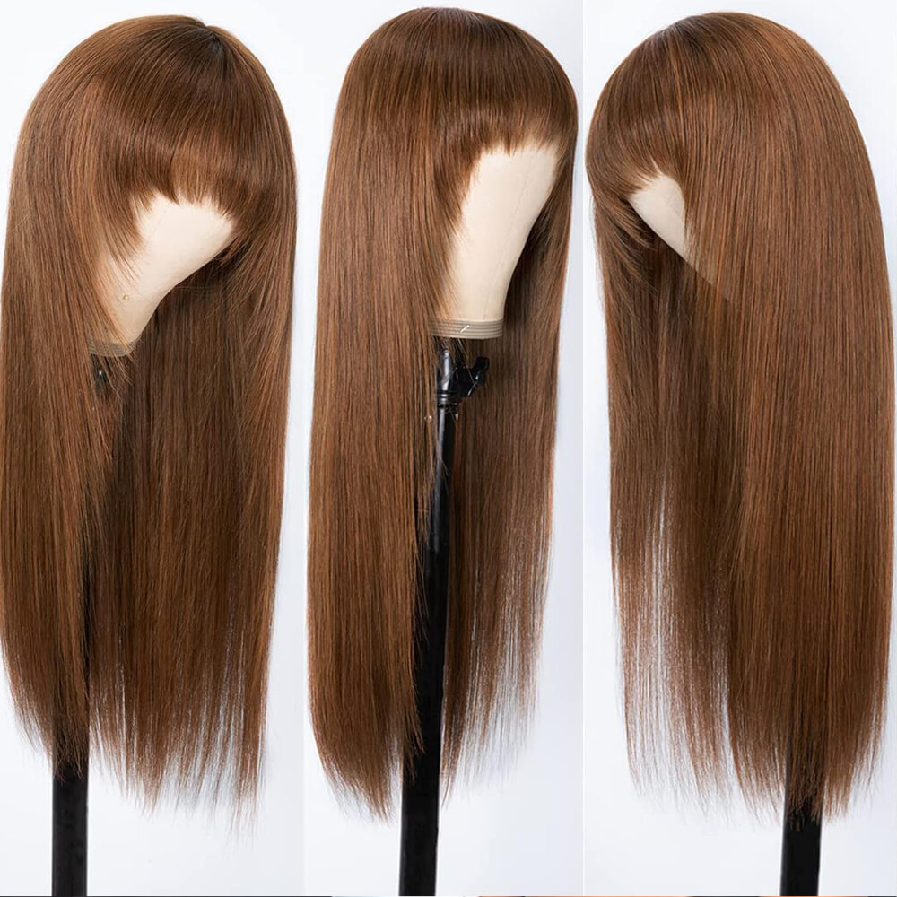 ? 24” Layered HONEY BROWN YAKI STRAIGHT Bang Wig *NEW* UNice Brown Yaki Straight Human Hair Wig with Bang Lace Part  main image 3