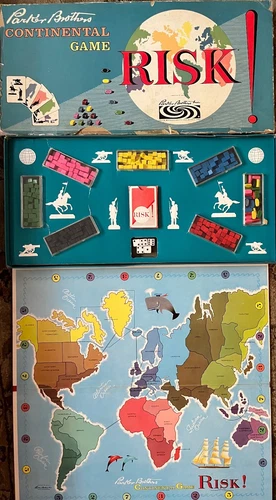 Vintage RISK Board Game Parker Brothers Early Version Wood Pieces Dated 1959